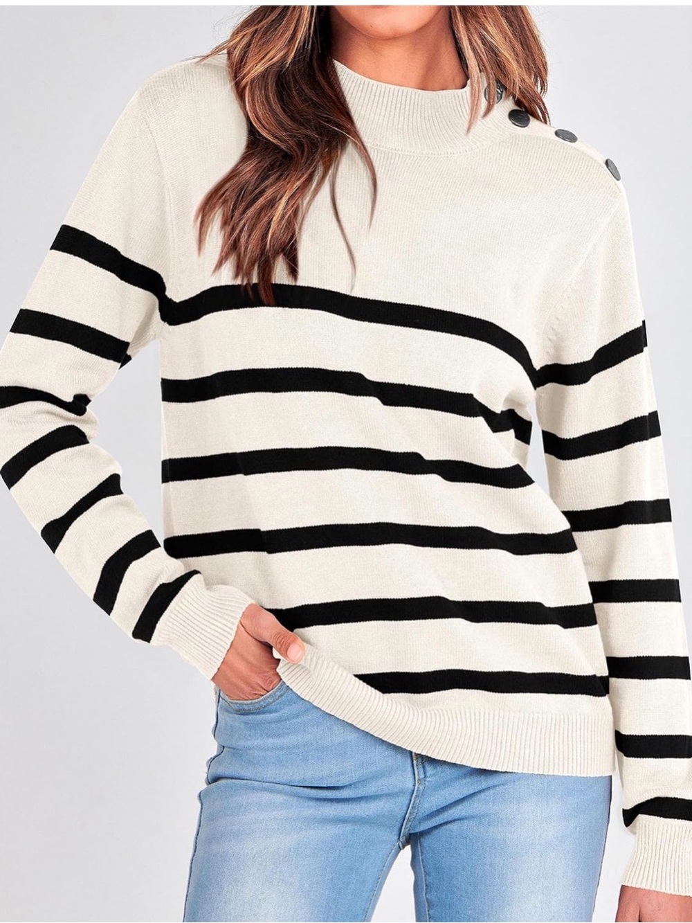 Striped Cream & Black Button-Shoulder Turtleneck Sweater